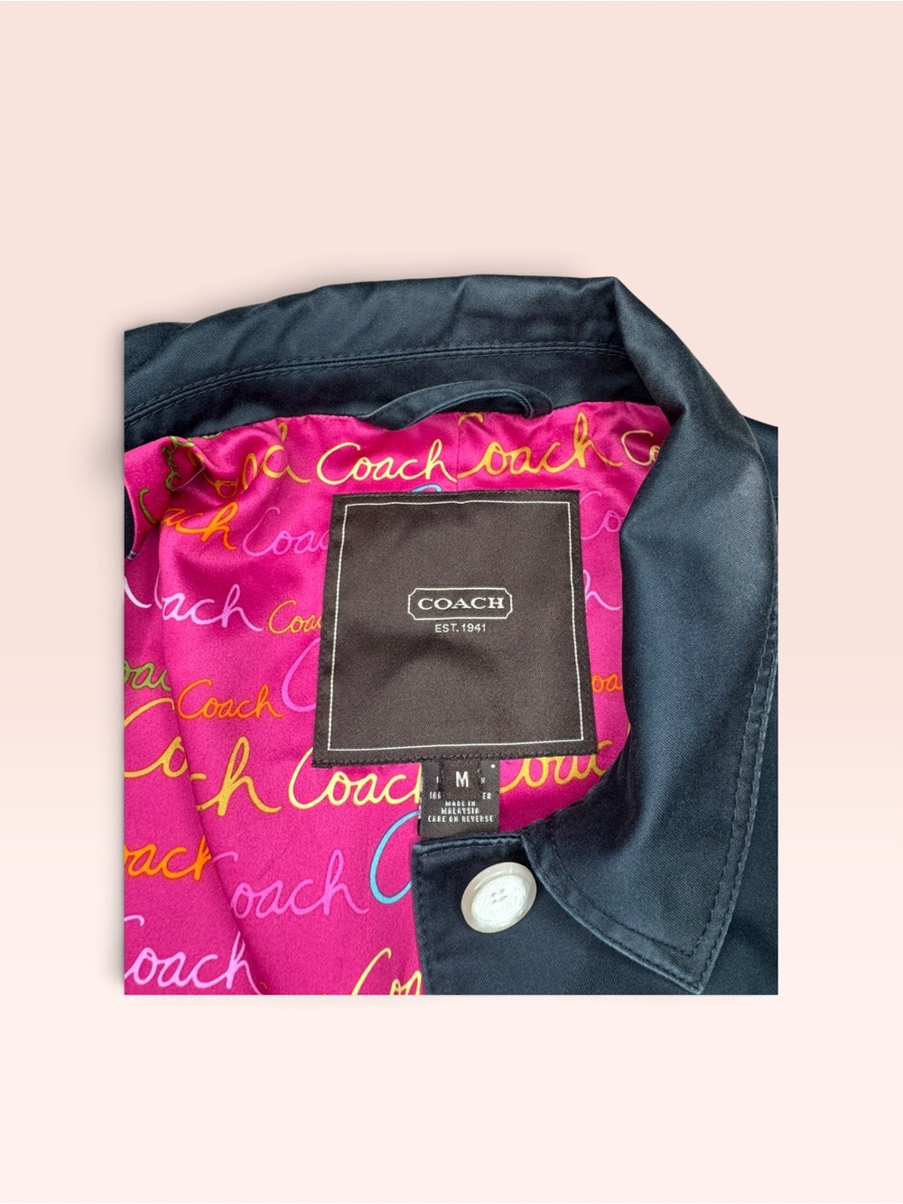 Coach Vintage Black Sateen Walking Trench Coat Pink Graffiti Script Lining - Picture 4 of 7